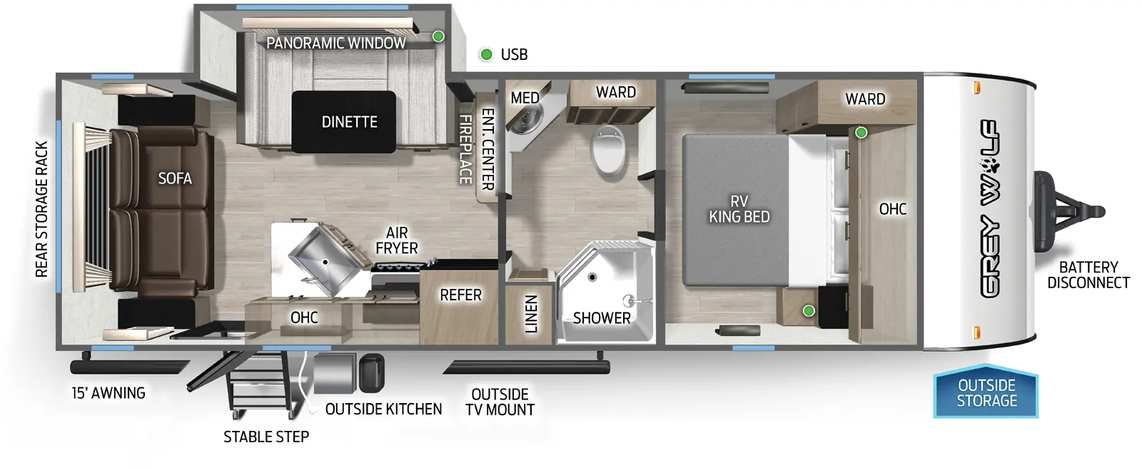 The Cherokee Black Label 23MKBL floorplan has one entry and one slide out. Exterior features include: fiberglass exterior, 15' awning and outside kitchen. Interiors features include: u-dinette, front bedroom, rear living and pass through bathroom.
